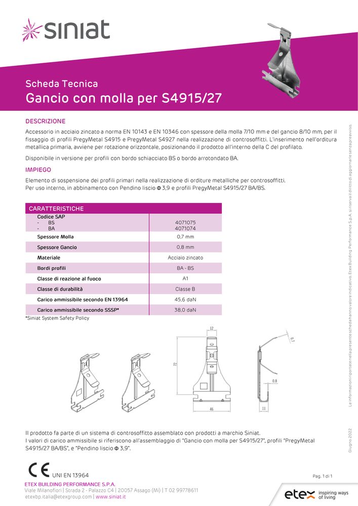 Gancio con molla per profili S4915/27