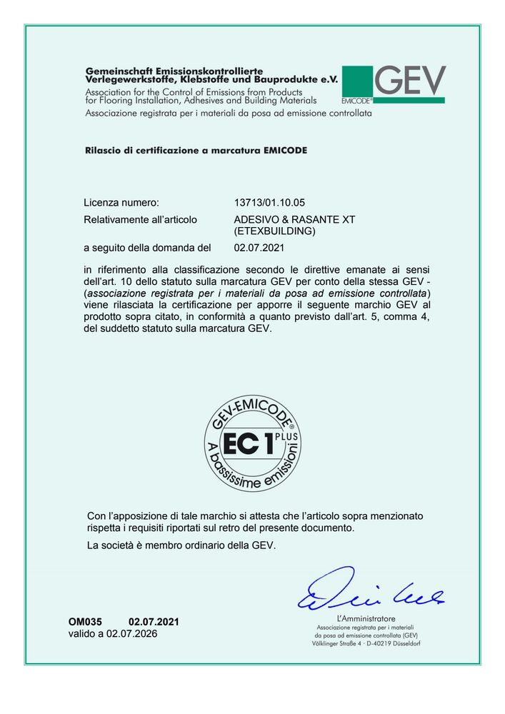 Certificato EMICODE EC1PLUS - ADESIVO&RASANTE XT